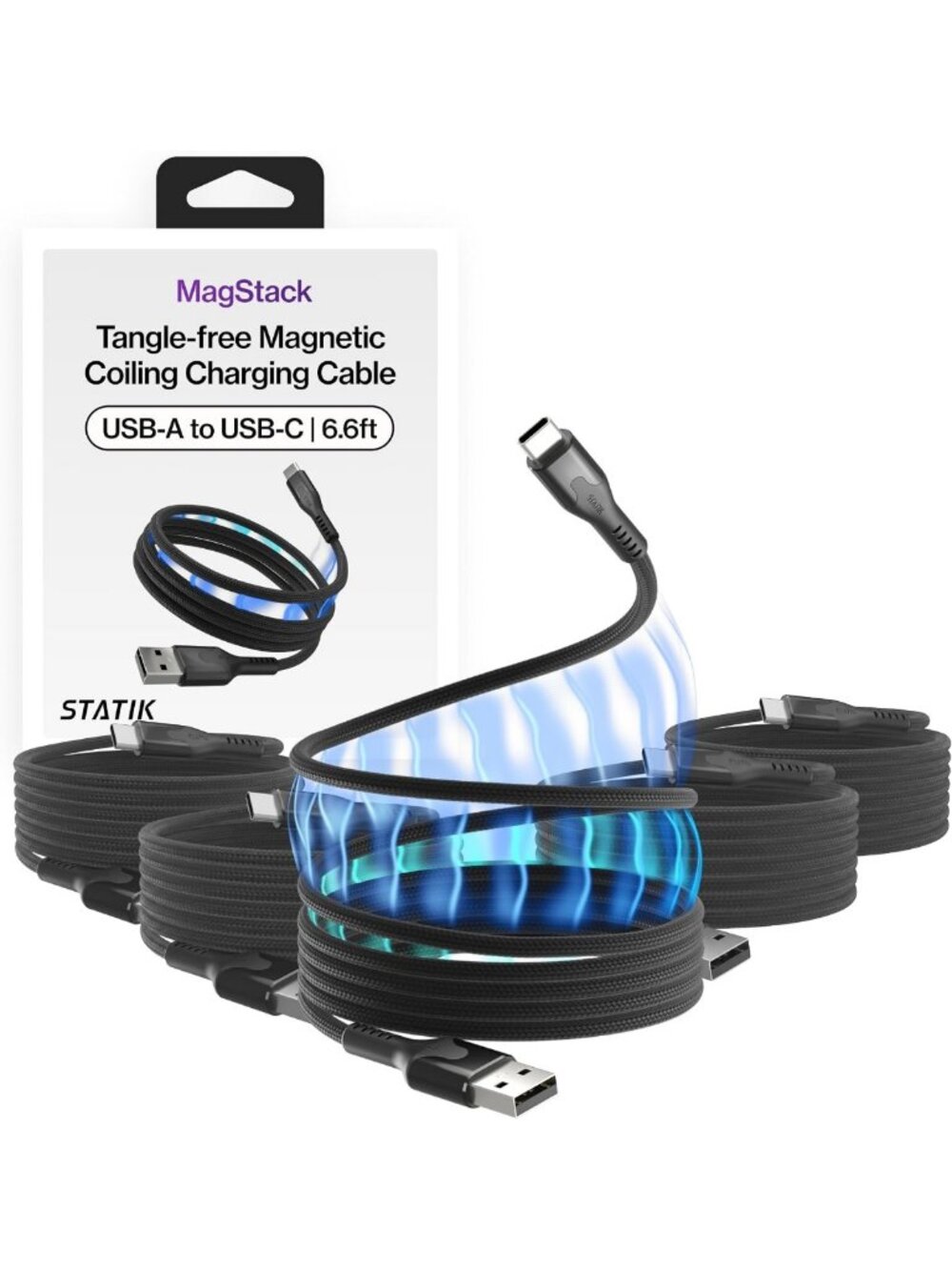 Magnetic Coiling Charging Cable USB A to USB C, Fast 27W Power Delivery, Durable